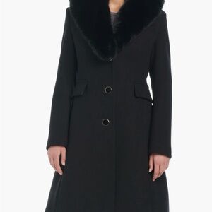 Kate Spade Black/Dark Blue Wool Blend Coat with removable faux fur collar
